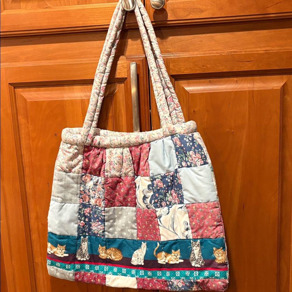 Quilted Patchwork Cat Print Tote Bag - Multicolor